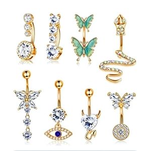 8 Pieces Gold Plated & CZ Belly Button Bling NWT